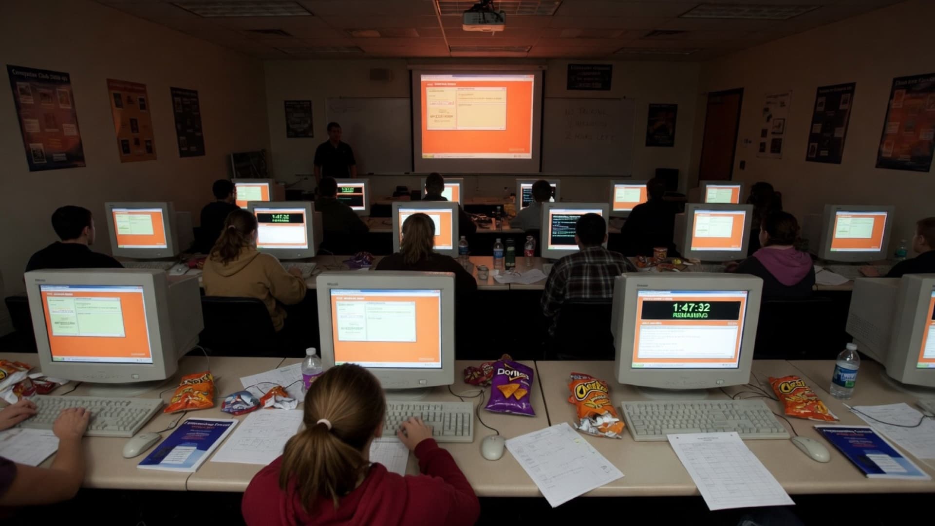 Students in the lab during a coding contest, seen from the back of the room