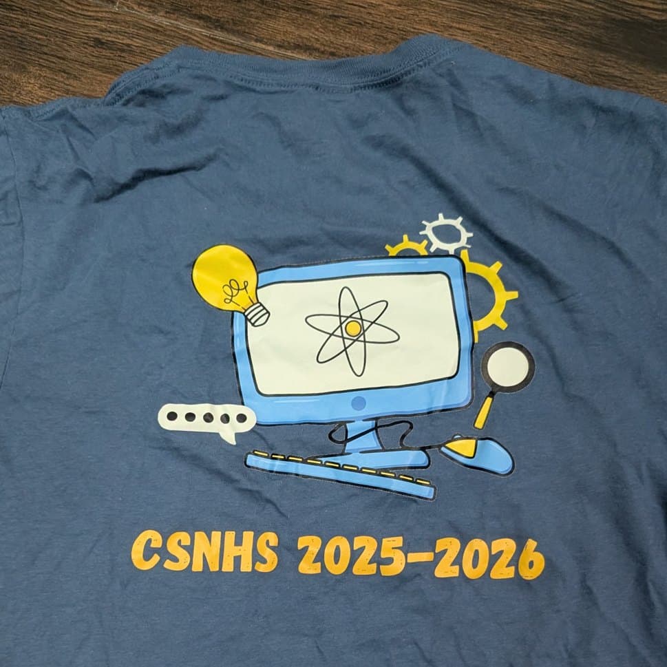 Club t-shirt: blue shirt with a computer drawing and CSNHS 2025-2026