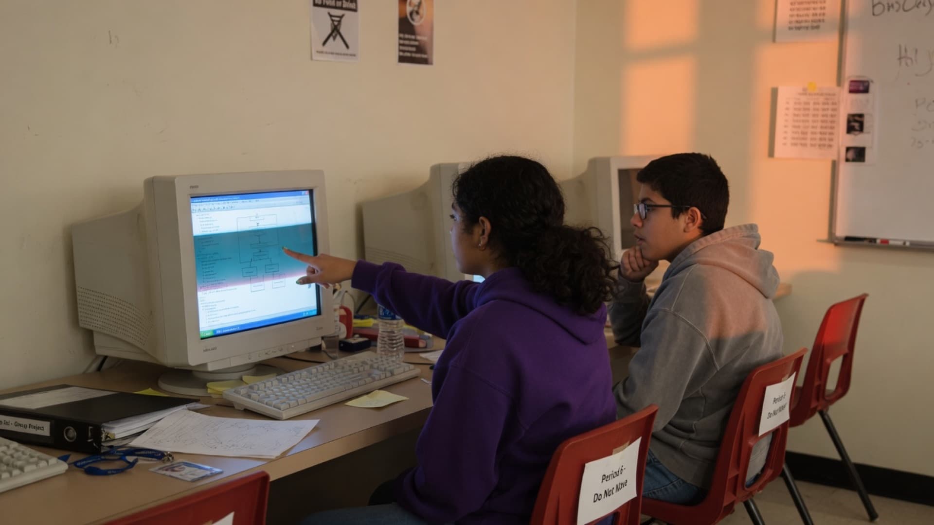 Two students at one computer during a tutoring session