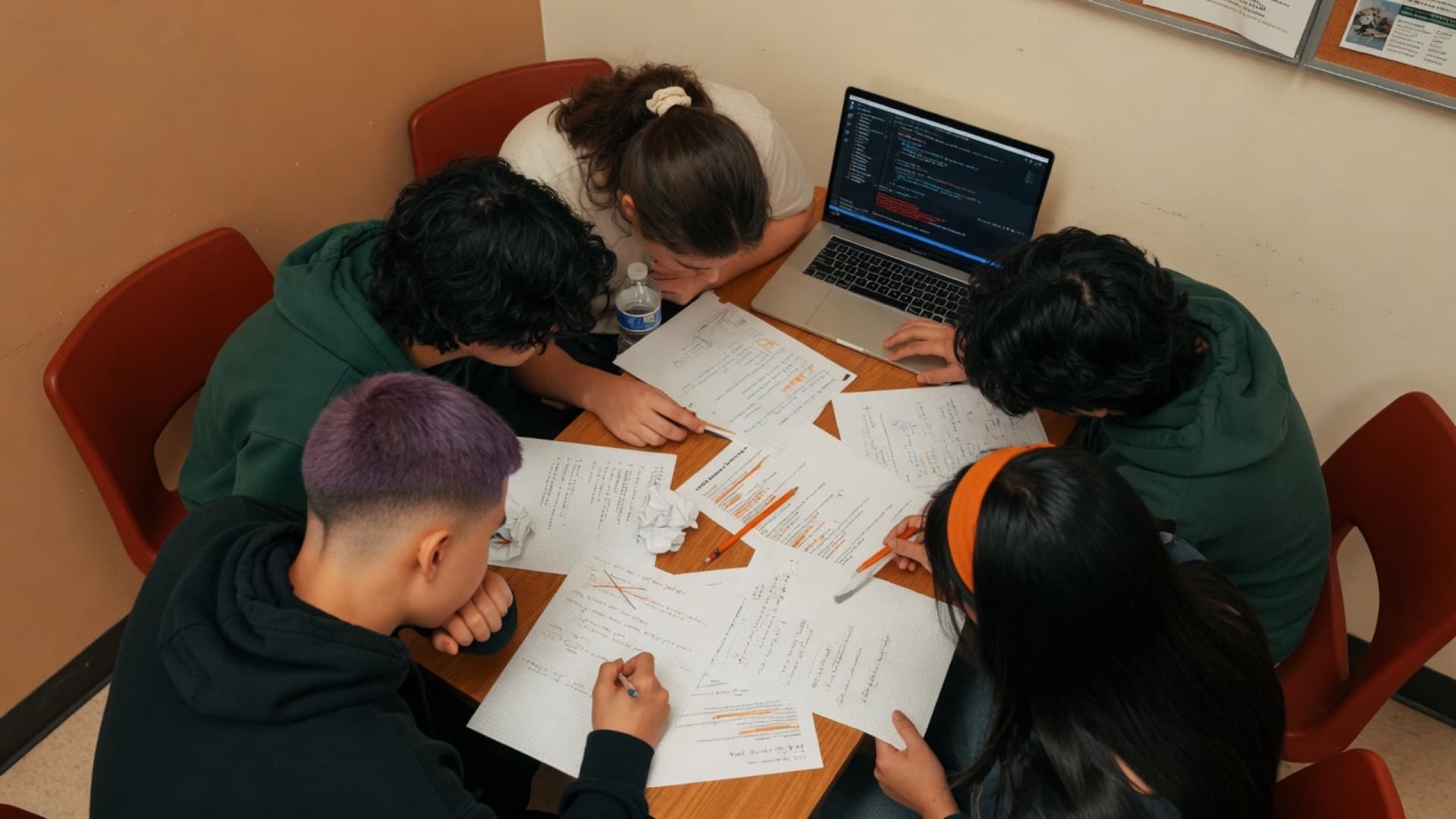 Four students working a programming problem around one table