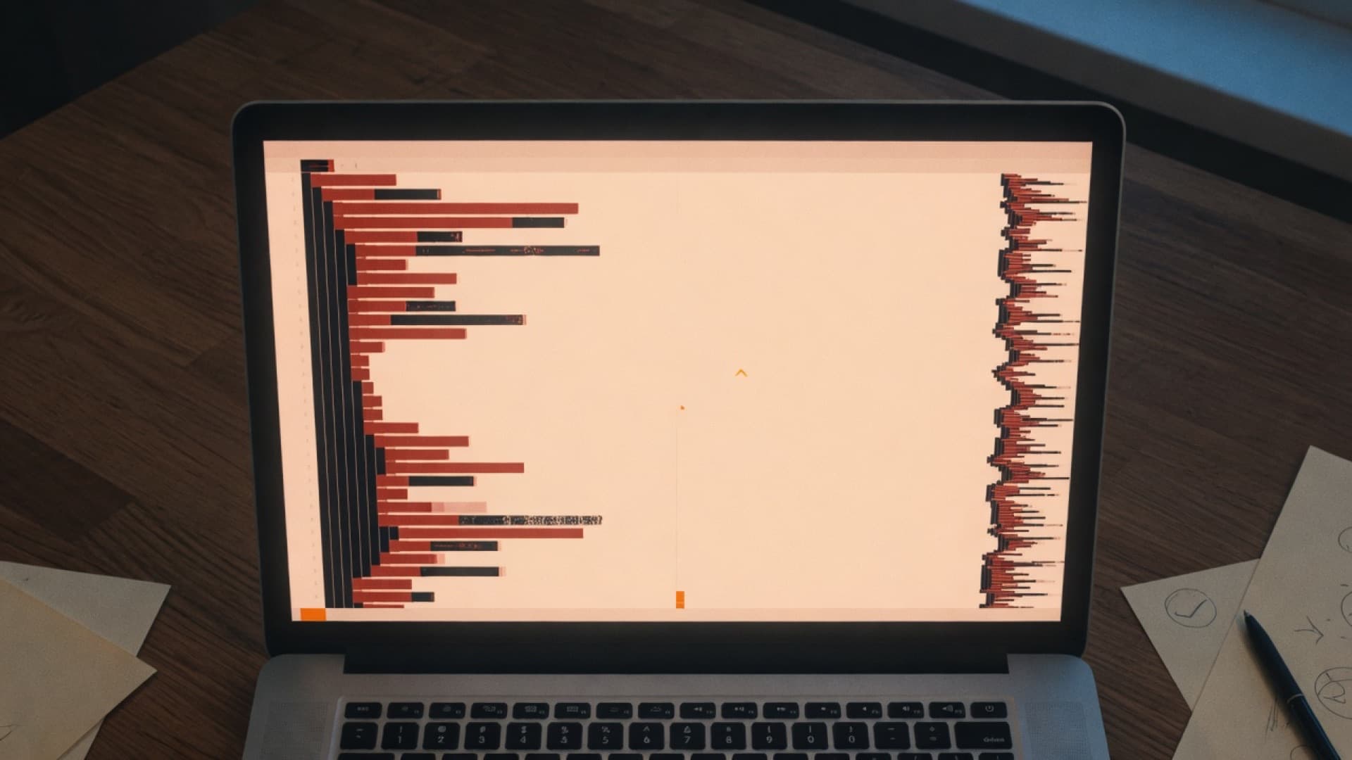 A laptop on a wooden desk with a warm cream editor on the screen